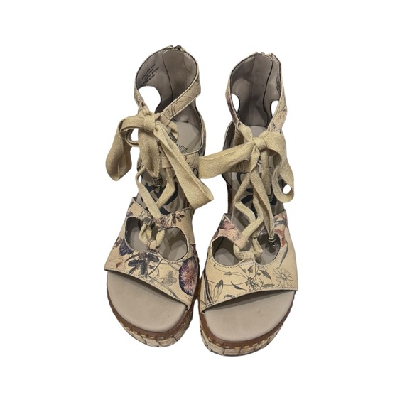 OTBT Kentucky Floral Print Leather Platform Lace Up Wedge Sandals Taupe‎ Sz 6.5 - Picture 5 of 11